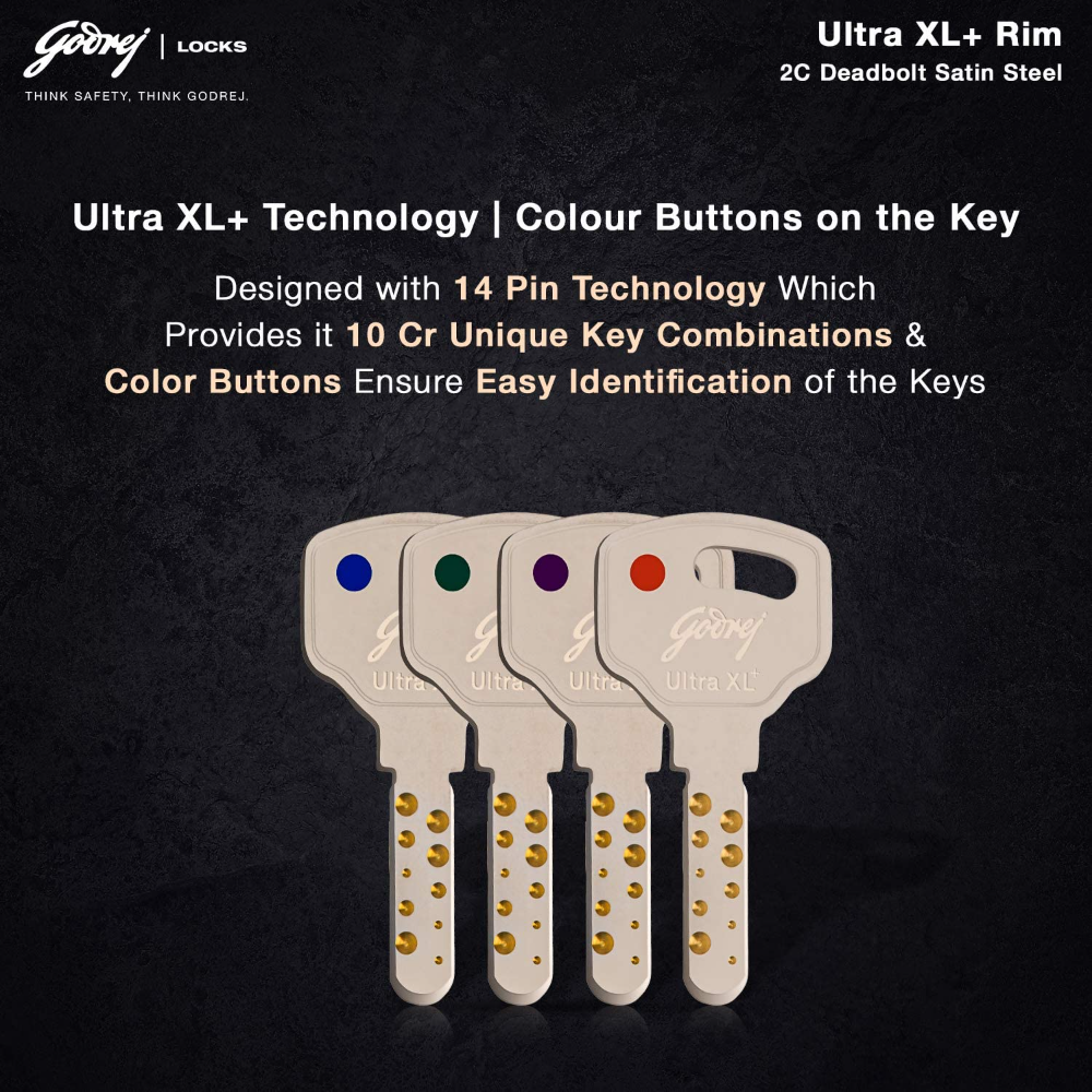 Godrej Rim Lock l 1CK Deadbolt l For Outside Opening Main  and Safety Door I For Balcony doors LeftorRight-Handed Doors l 60 mm Backset I 4 Keys l 5-Year Warranty l Satin Sliver Finish